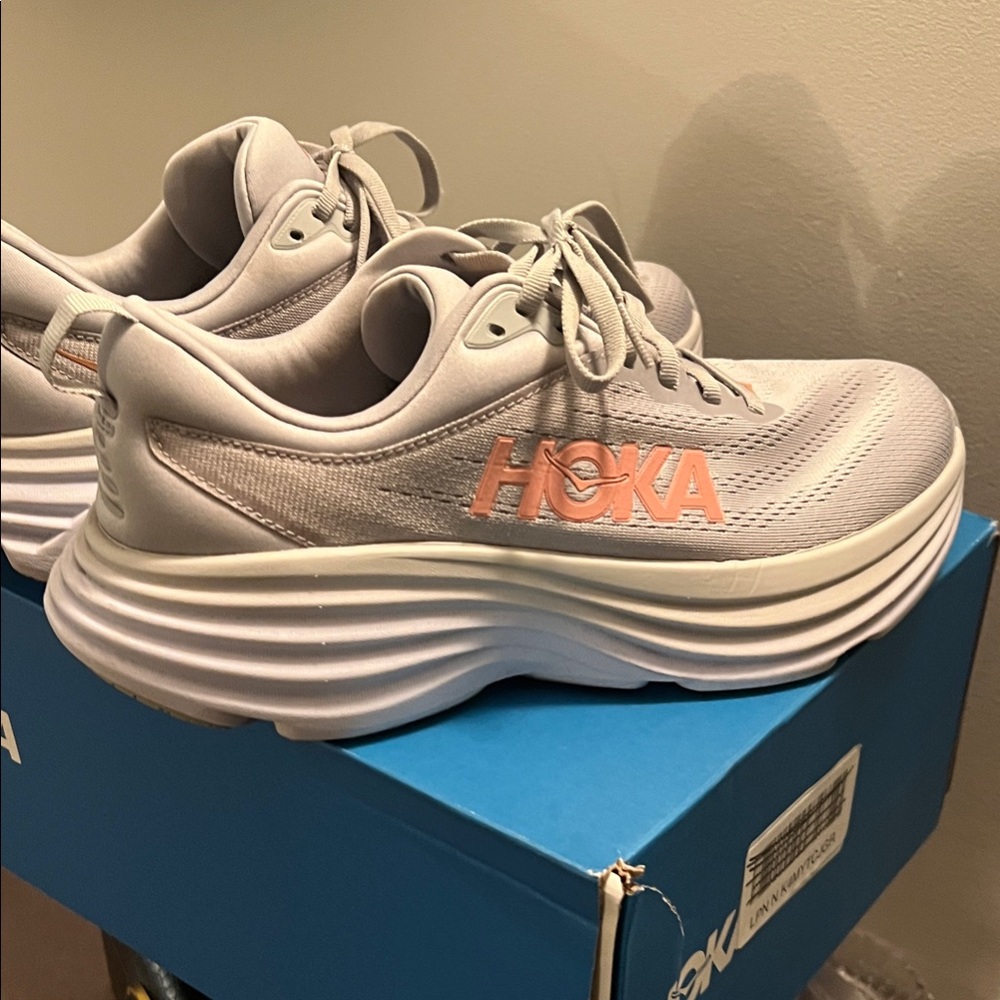 Hoka bondi 8  Light Gray and Peach Running Shoes minor defect